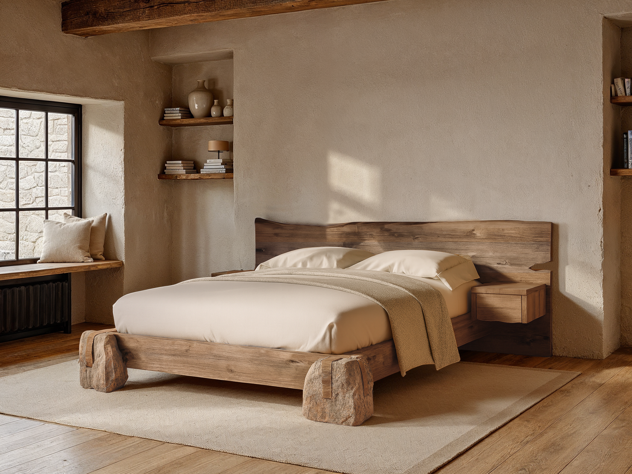 Wooden bed with stone bases in a bedroom setting #color_weathered-barnwood