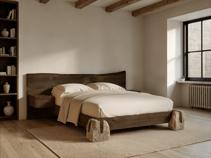 Wooden bed with stone bases in a bedroom setting 