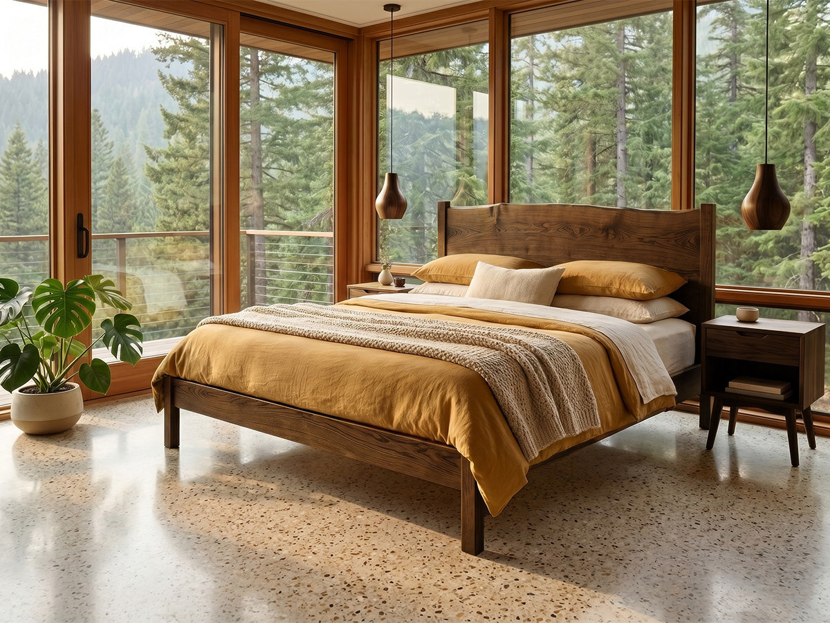 The Post Live Edge Bed — solid white oak bed with live edge headboard, handcrafted in the USA by Danner Furniture