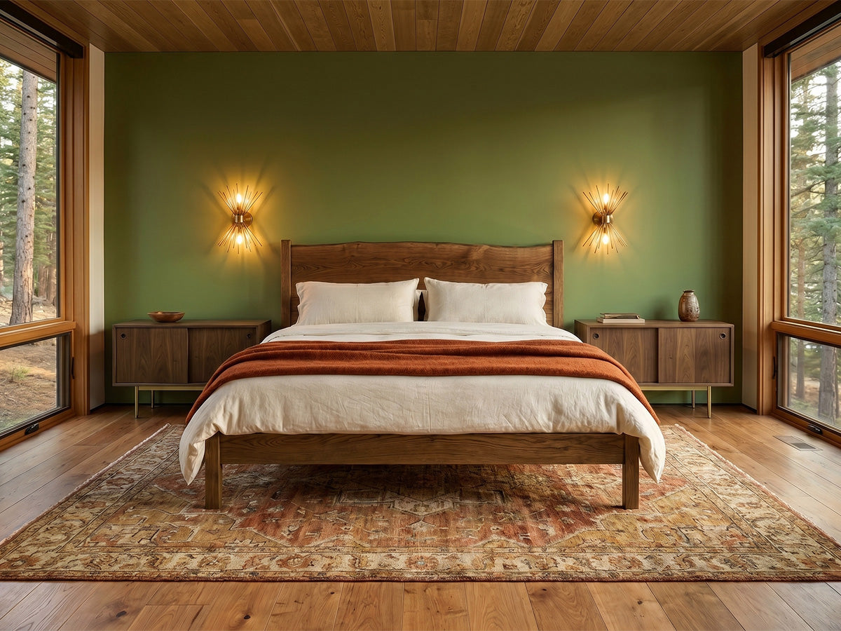The Post Live Edge Bed — solid white oak bed with live edge headboard, handcrafted in the USA by Danner Furniture