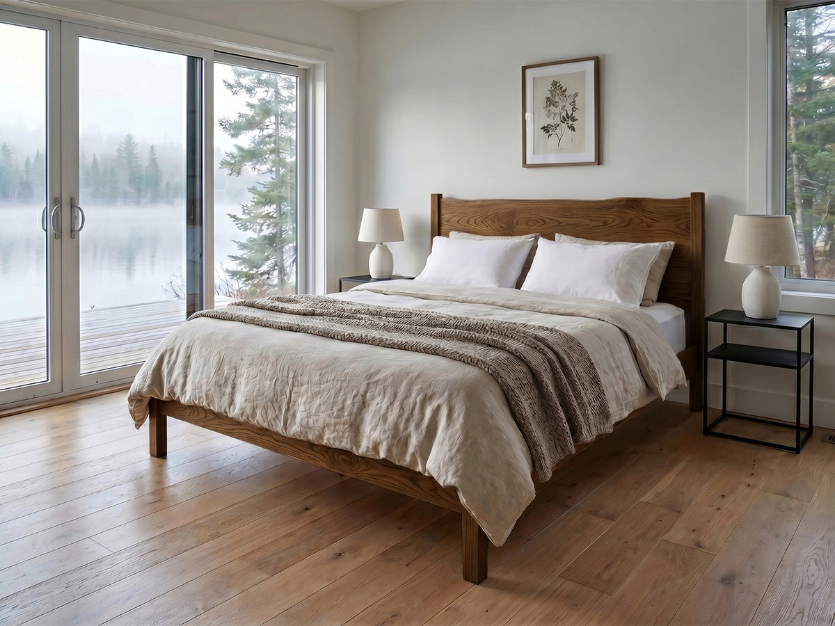 The Post Live Edge Bed — solid white oak bed with live edge headboard, handcrafted in the USA by Danner Furniture
