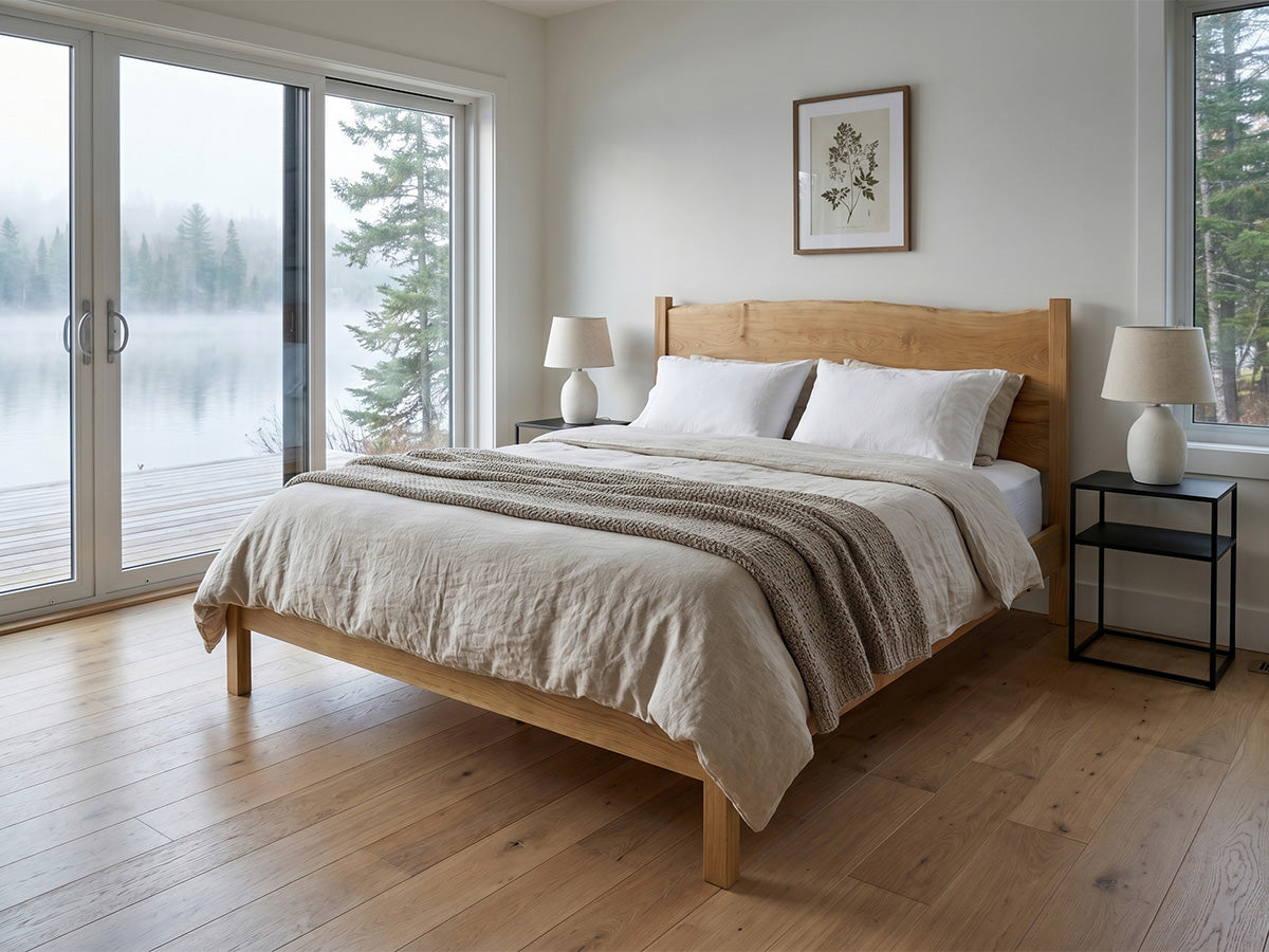 The Post Live Edge Bed — solid white oak bed with live edge headboard, handcrafted in the USA by Danner Furniture
