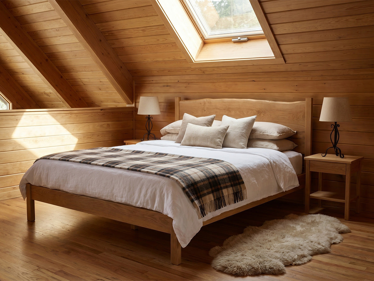 The Post Live Edge Bed — solid white oak bed with live edge headboard, handcrafted in the USA by Danner Furniture