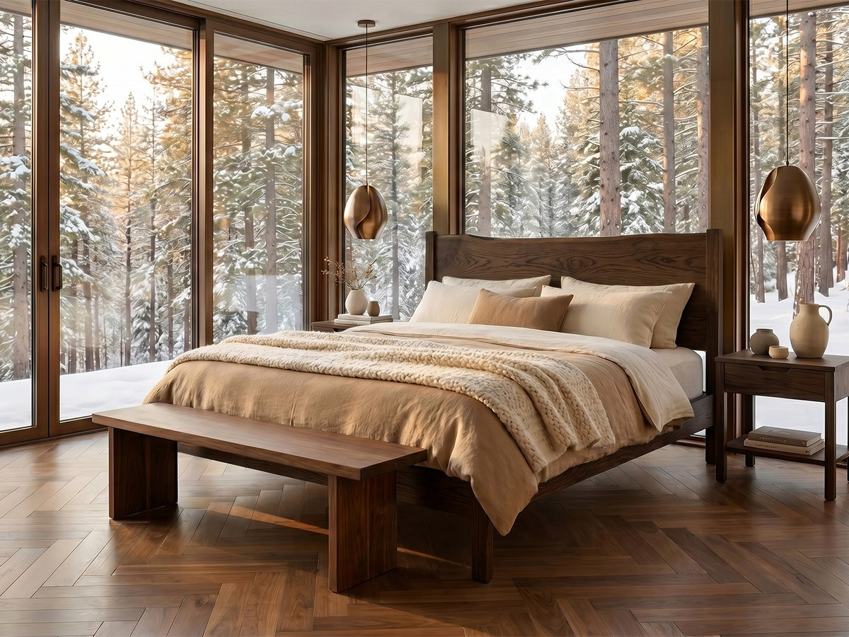 The Post Live Edge Bed — solid white oak bed with live edge headboard, handcrafted in the USA by Danner Furniture