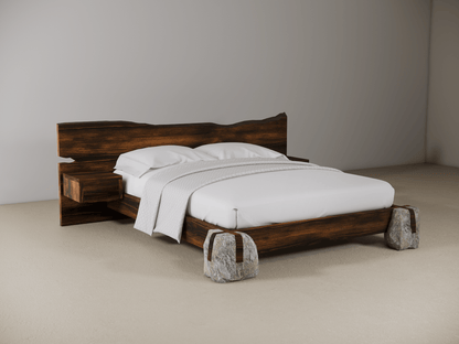 Wooden bed with stone feet on a plain background 