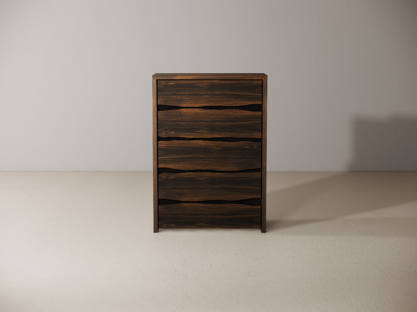 Wooden dresser with five drawers against a plain wall. 