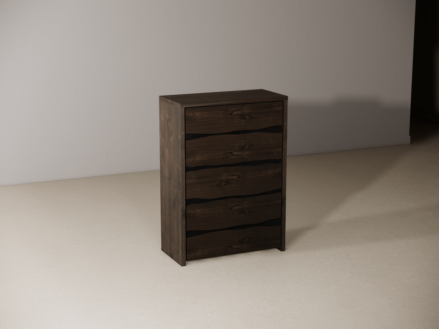 Wooden dresser with five drawers against a plain wall. 