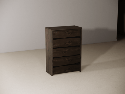 Wooden dresser with five drawers against a plain wall. 