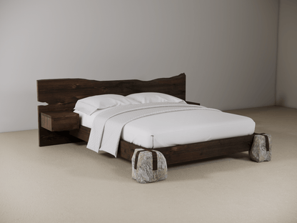 Wooden bed with stone bases in a plain setting 