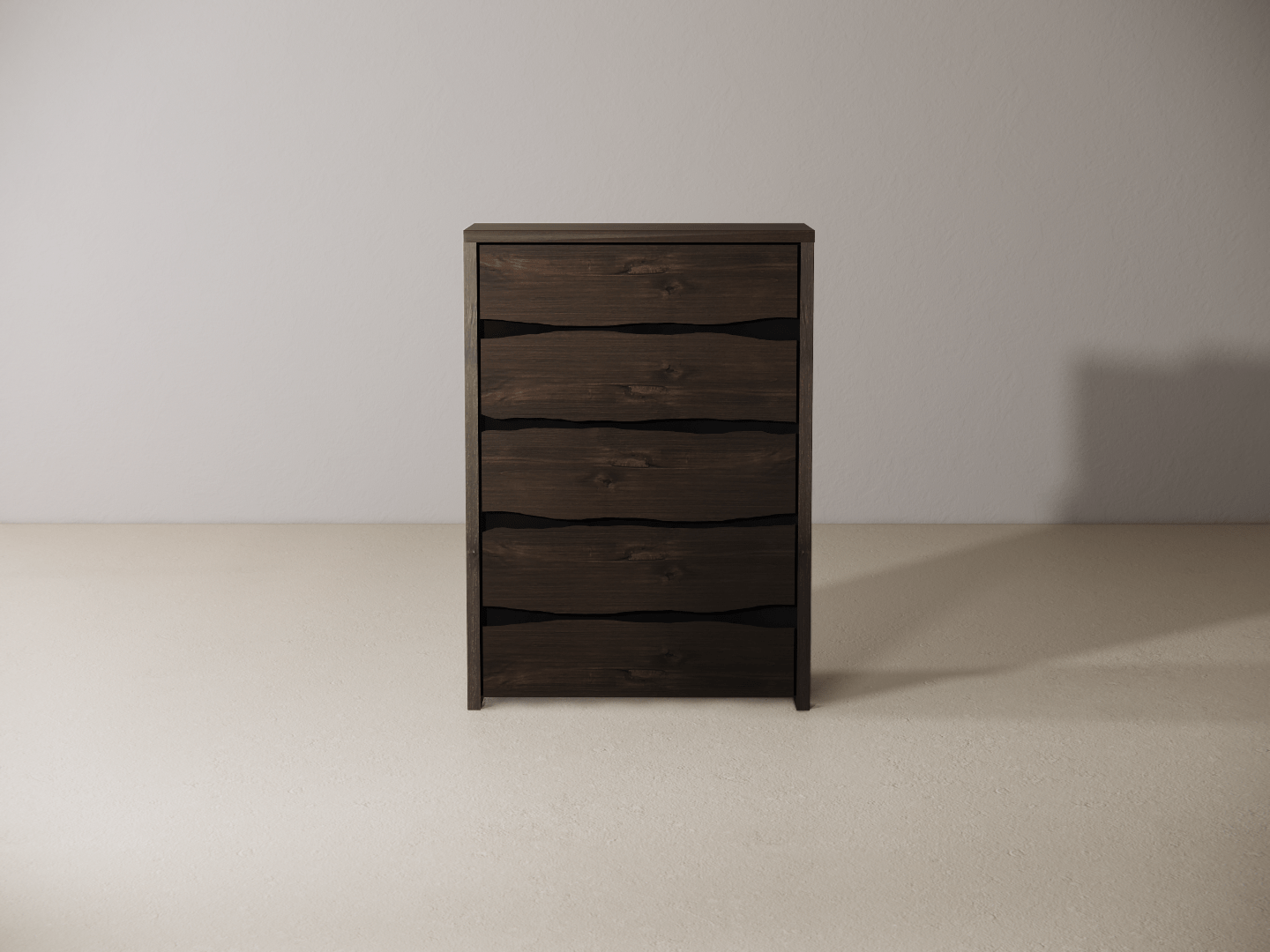 Wooden dresser with five drawers against a plain wall. 