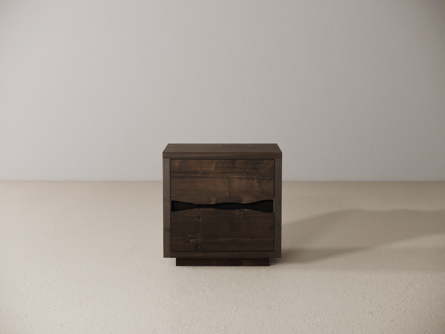Wooden nightstand with two drawers on a neutral background 
