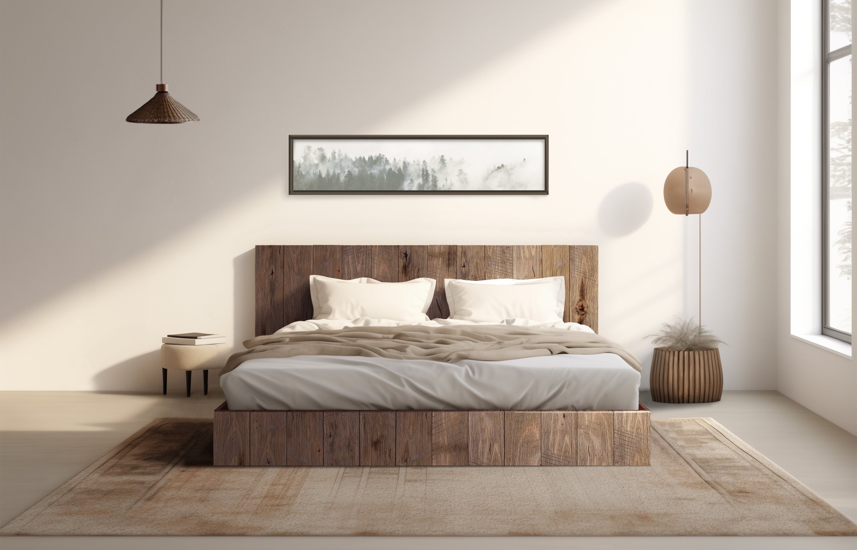 The Forest Bed - Quick Ship - Barnwood Reclaimed Aesthetic - Modern Rustic - Solid Wood - Platform Bed Frame & Headboard - Handmade in USA