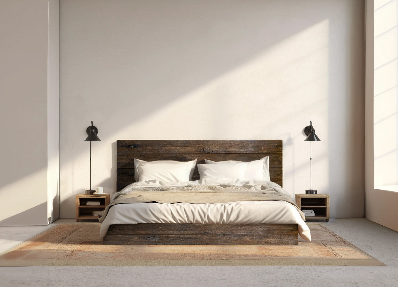The River Bed - Quick Ship - Barnwood Reclaimed Aesthetic - Modern Rustic - Solid Wood - Platform Bed Frame & Headboard - Handmade in USA